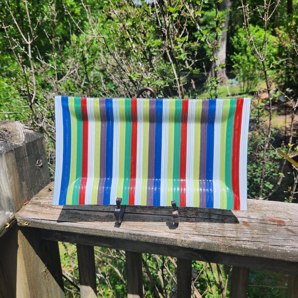 Handcrafted Vibrant Striped Fused Glass Serving Tray 13"x6" Rectangular Design